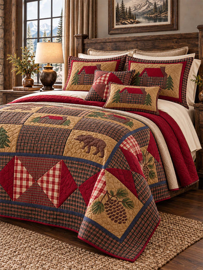 Rustic Bear Cabin Plaid Quilted 3-Piece Bedding Set
