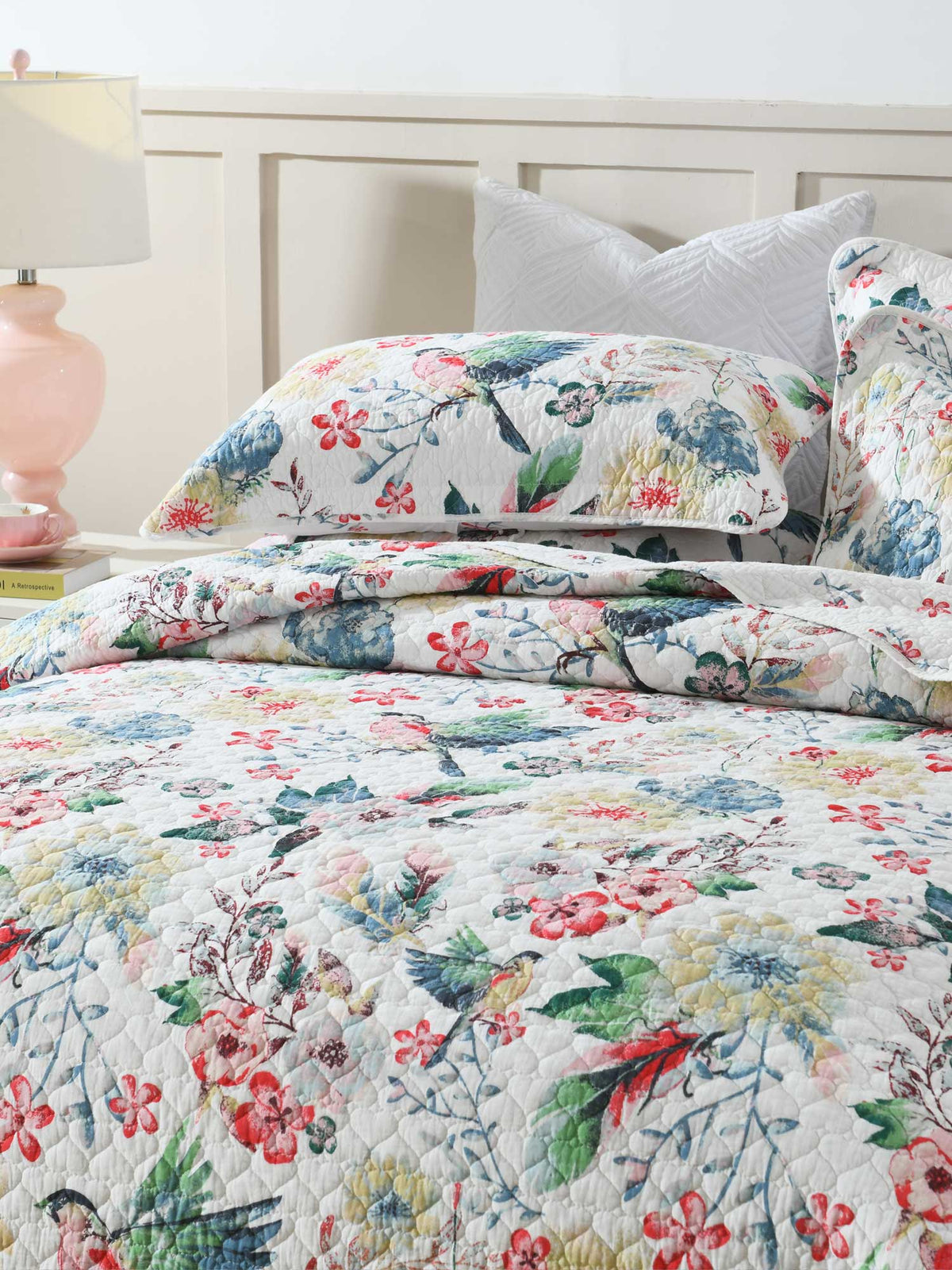 Vintage Bird Floral Garden Print Quilted 3‑Piece Bedding Set