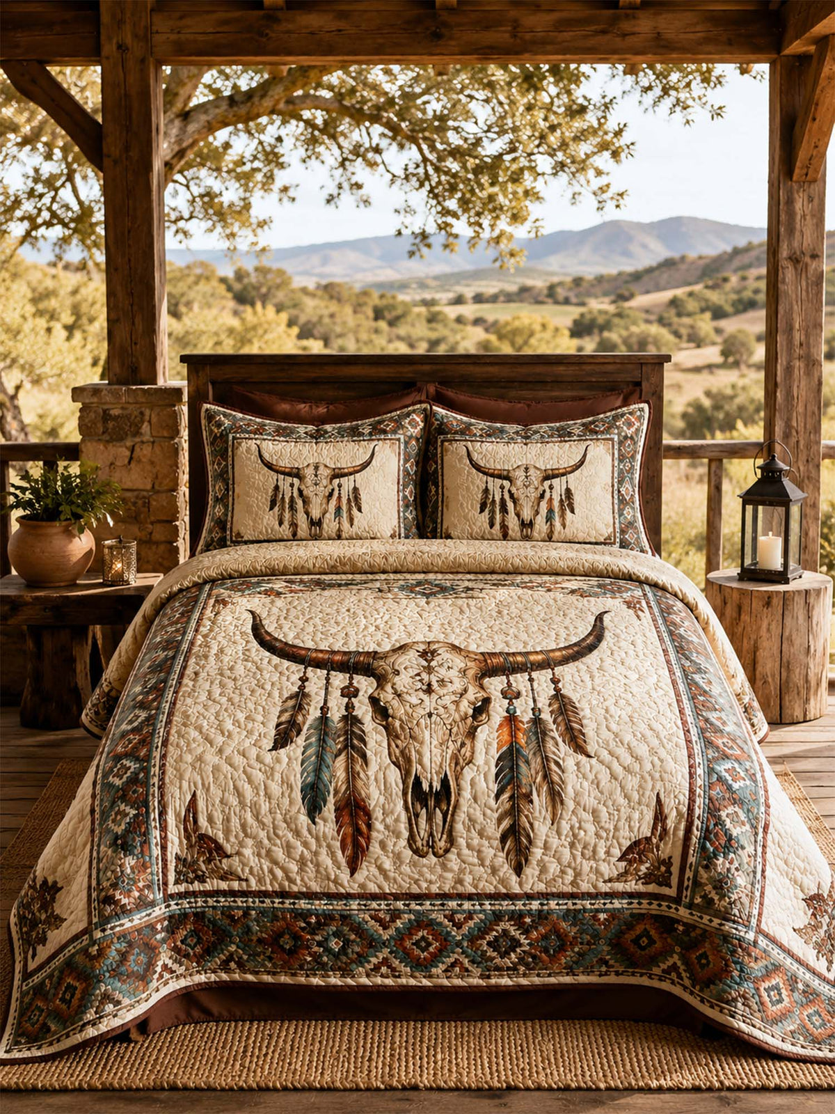 H.PAI Longhorn Skull Western Quilted 3-Piece Bedding Set
