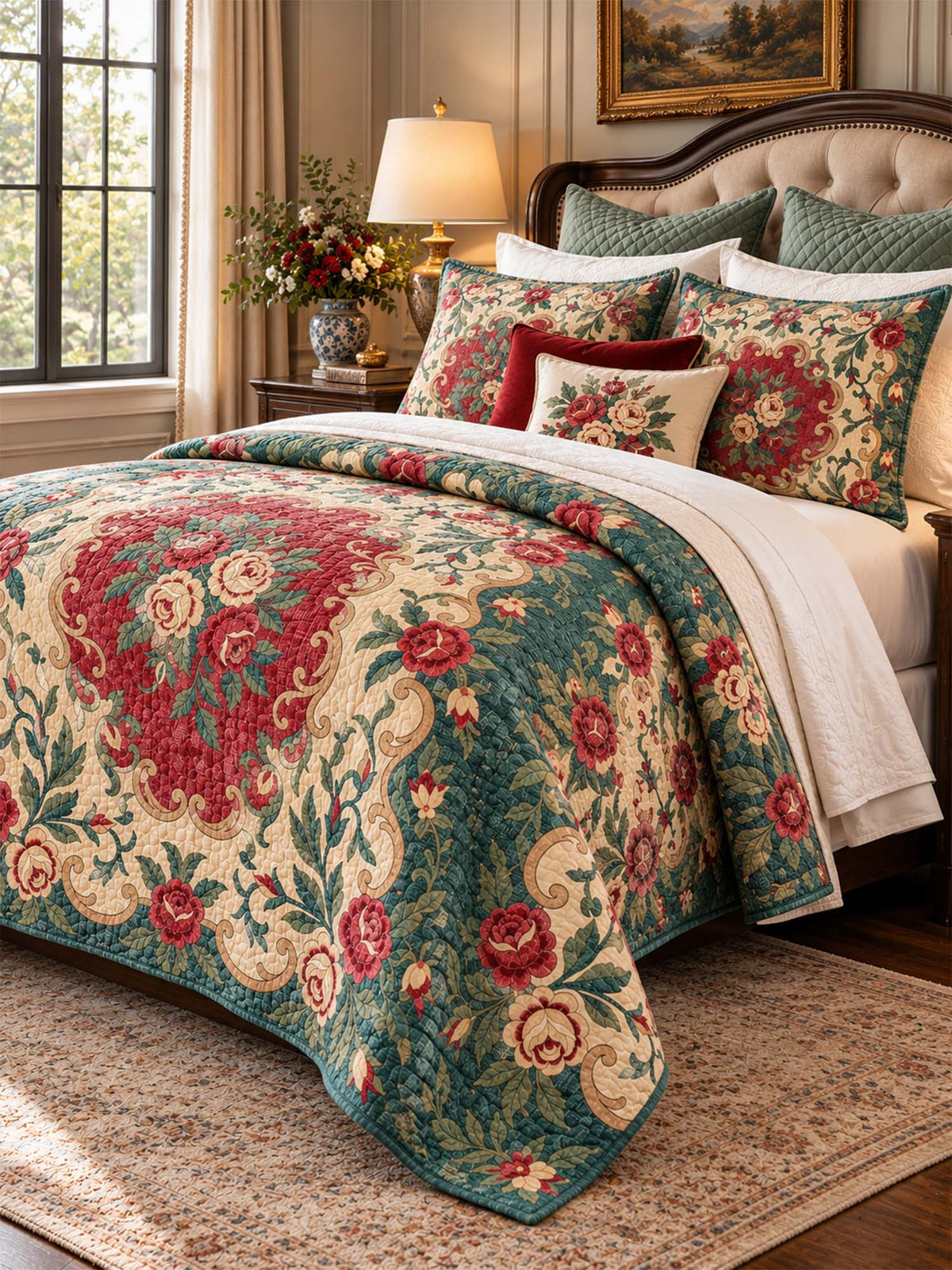 Vintage Rose Garden Quilted 3-Piece Bedding Set