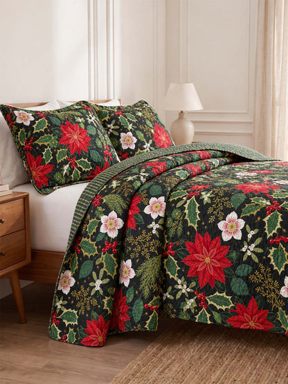 Poinsettia Holly Christmas Quilted 3-Piece Bedding Set