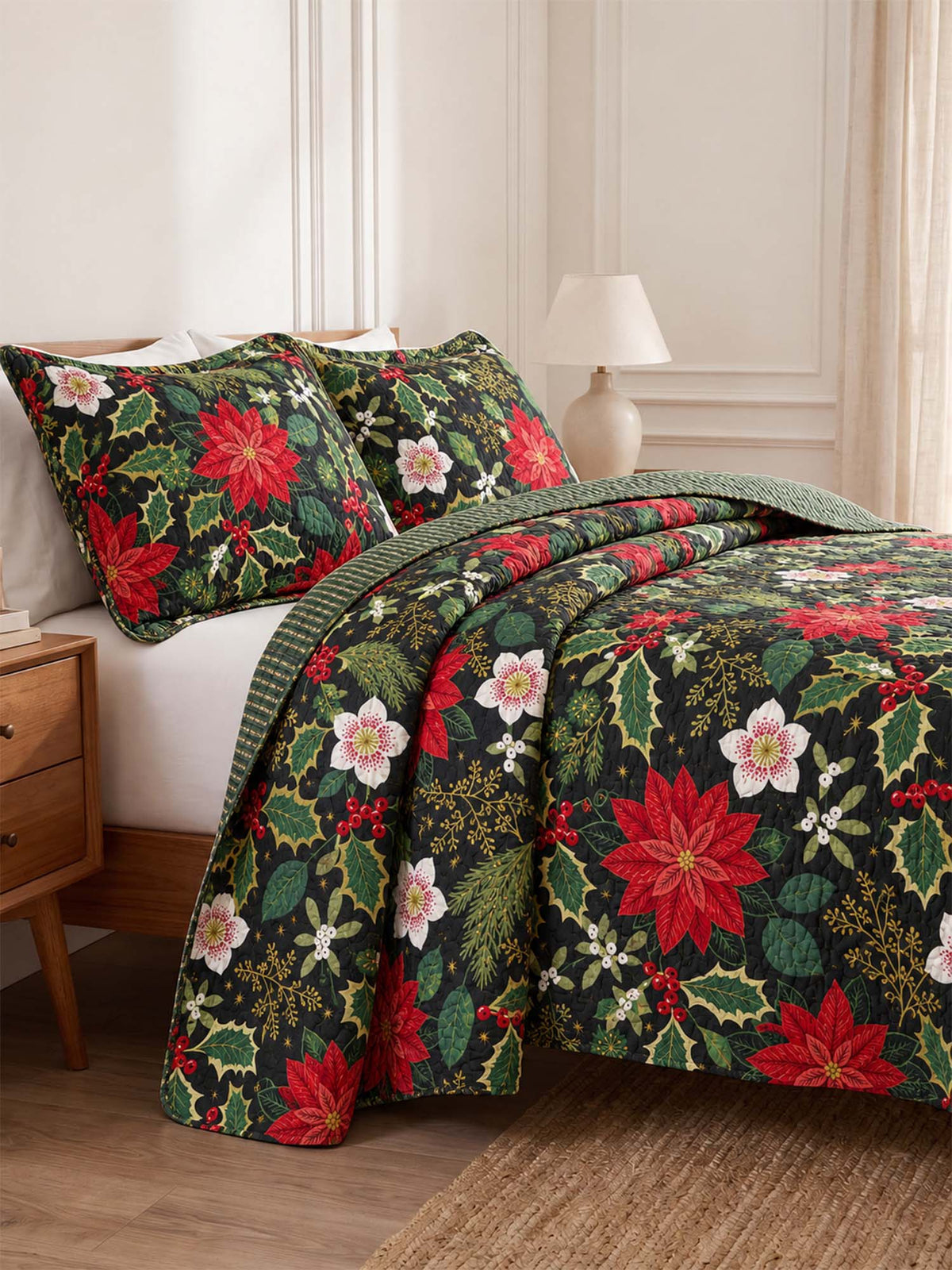 Poinsettia Holly Christmas Quilted 3-Piece Bedding Set