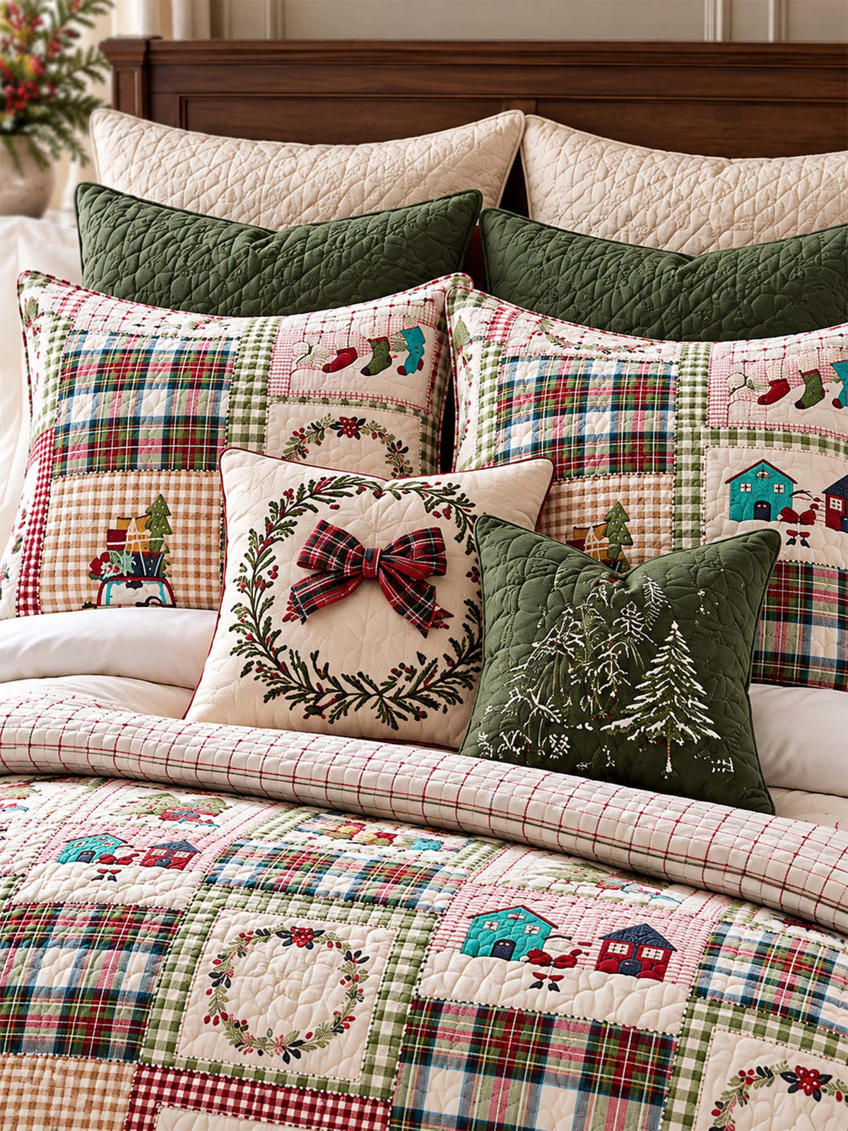 Plaid Deer Cottage Peace & Joy Patchwork Quilted 3-Piece Bedding Set