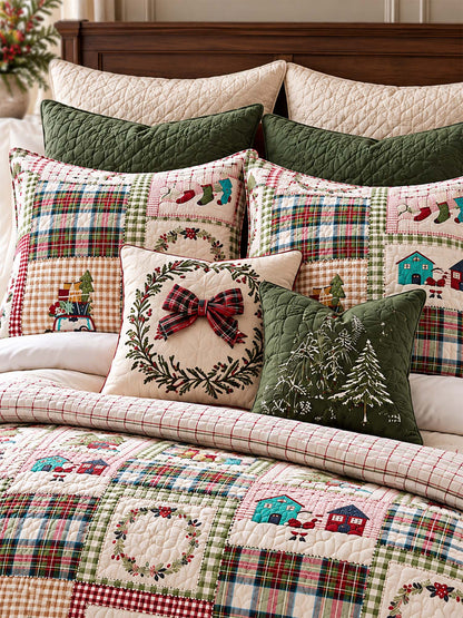 Plaid Deer Cottage Peace & Joy Patchwork Quilted 3-Piece Bedding Set