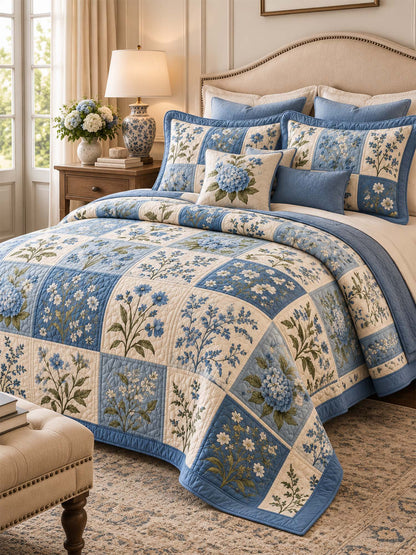 Blue Hydrangea Botanical Patchwork Quilted 3-Piece Bedding Set