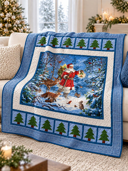 Santa's Winter Woodland Blue Gingham Quilted Blanket