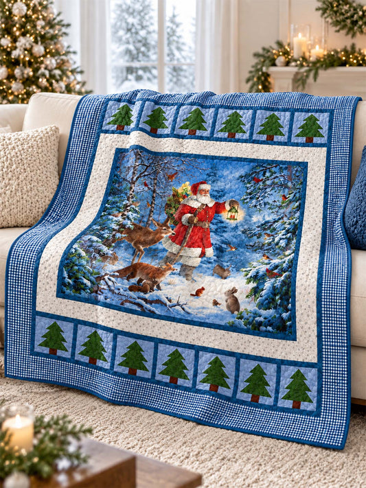 Santa's Winter Woodland Blue Gingham Quilted Blanket
