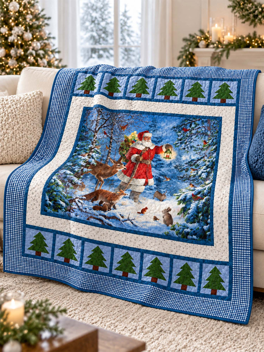Santa's Winter Woodland Blue Gingham Quilted Blanket