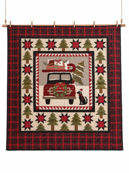 Vintage Christmas Red Truck & Black Cat Plaid Quilted Blanket