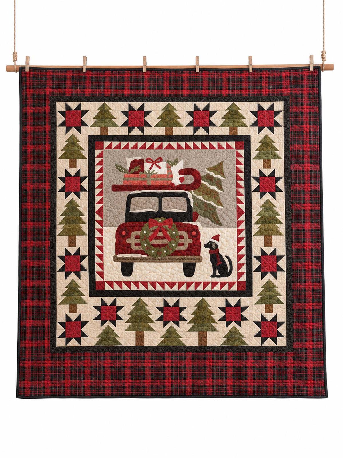 Vintage Christmas Red Truck & Black Cat Plaid Quilted Blanket
