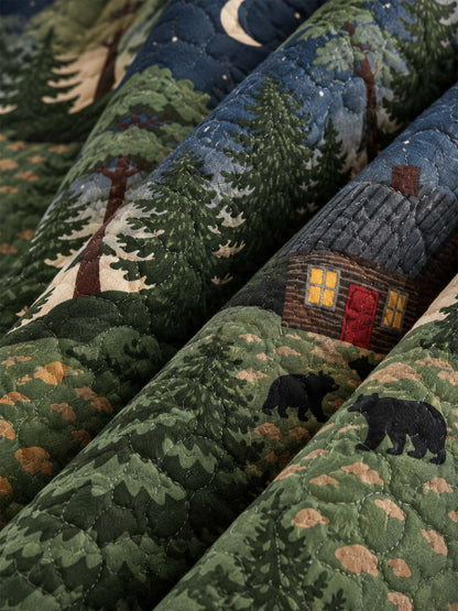 Moonlit Bear Cabin Forest Quilted 3-Piece Bedding Set