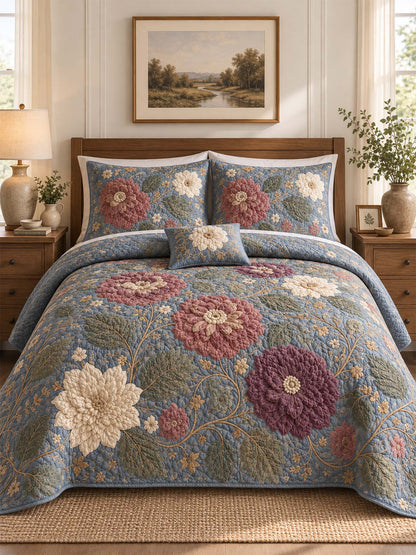 H.PAI Dark Botanical Floral Quilted 3-Piece Bedding Set