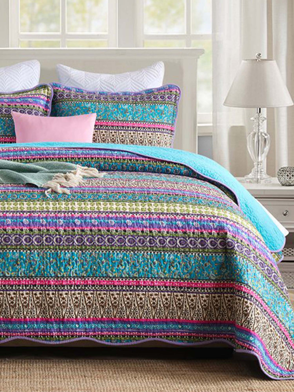 Turquoise Boho Stripe Quilted 3-Piece Bedding Set