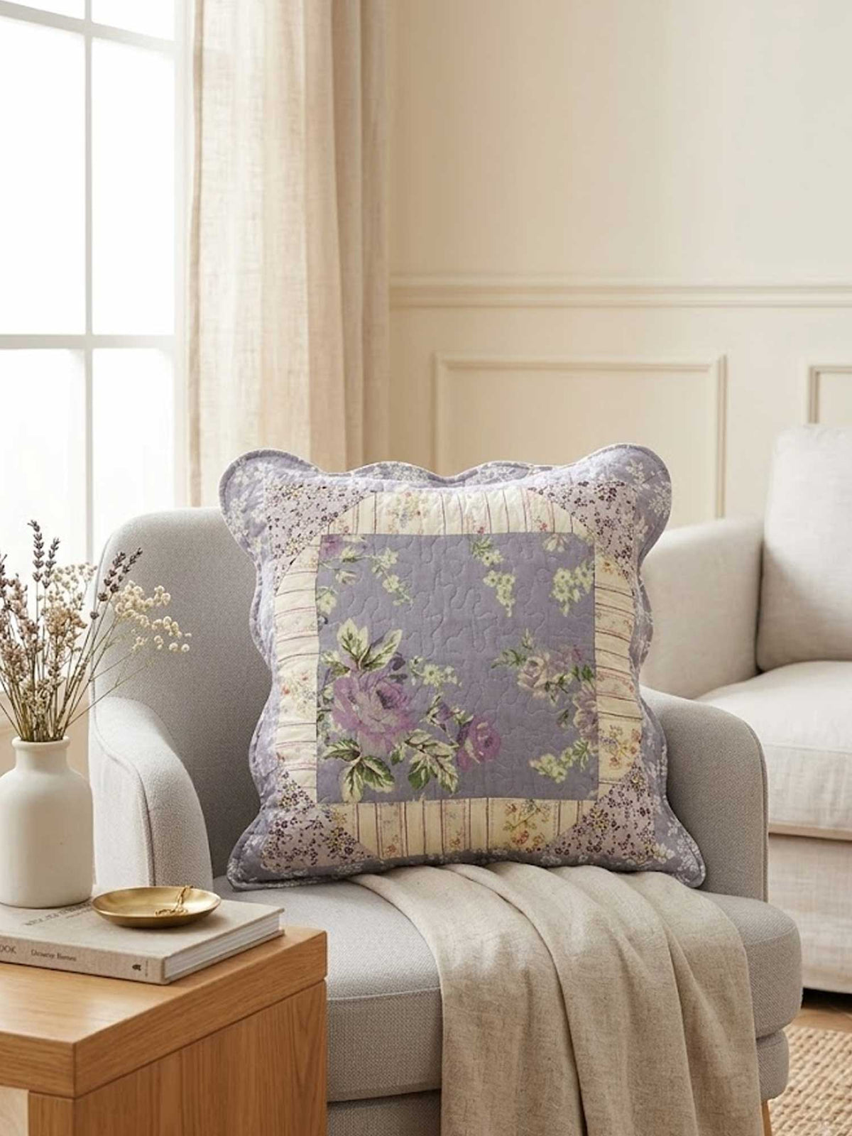 Lilac Floral Patchwork Quilted Pillow Cover