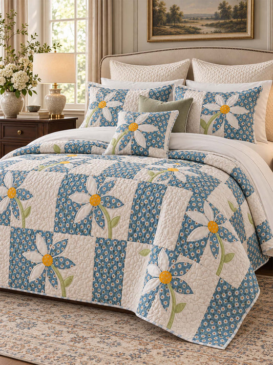Blue Daisy Cottage Patchwork Quilted 3-Piece Bedding Set