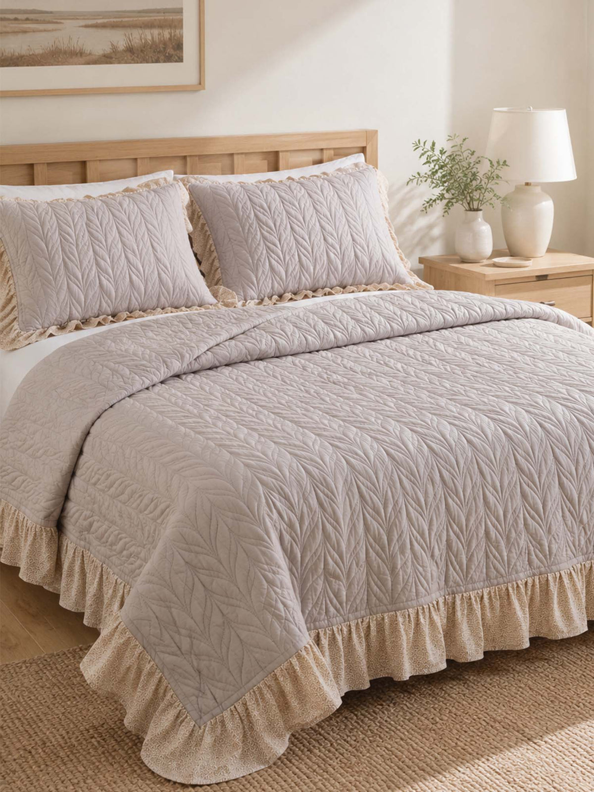Sage Leaf Double-Layer Gauze Quilted 3-Piece Bedding Set