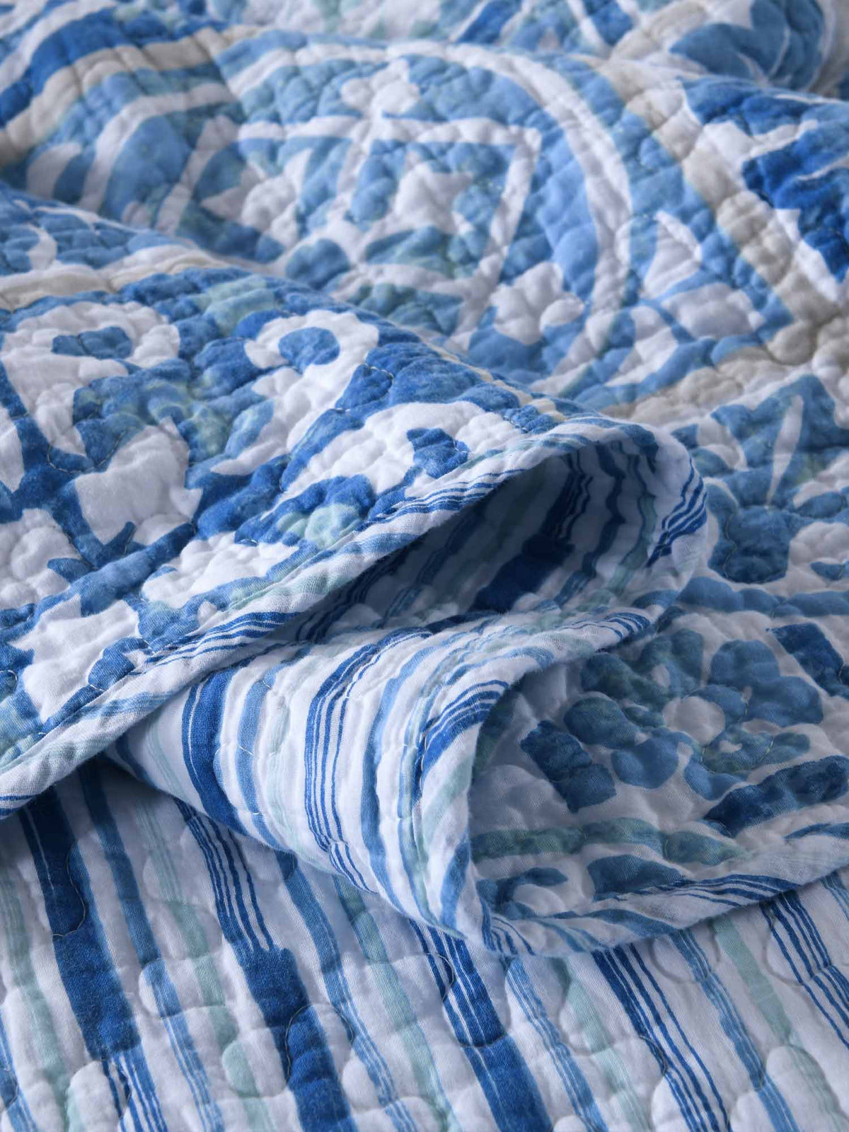 Coastal Boho Blue Portuguese Tile Print Quilted 3‑Piece Bedding Set