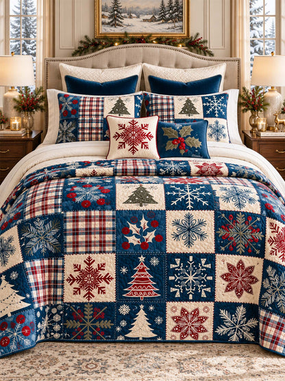 Navy Snowflake Pine Tree Plaid Patchwork Quilted 3-Piece Bedding Set
