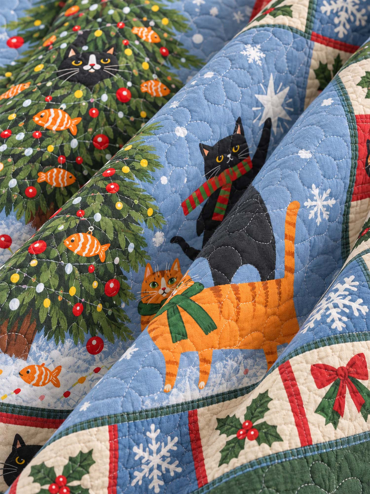 Christmas Tree Cats Quilted 3-Piece Bedding Set