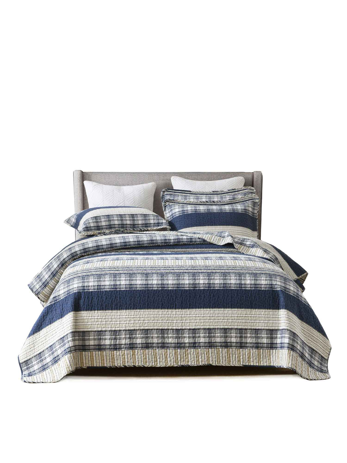 Blue Grey Buffalo Check Patchwork Quilted 3‑Piece Bedding Set