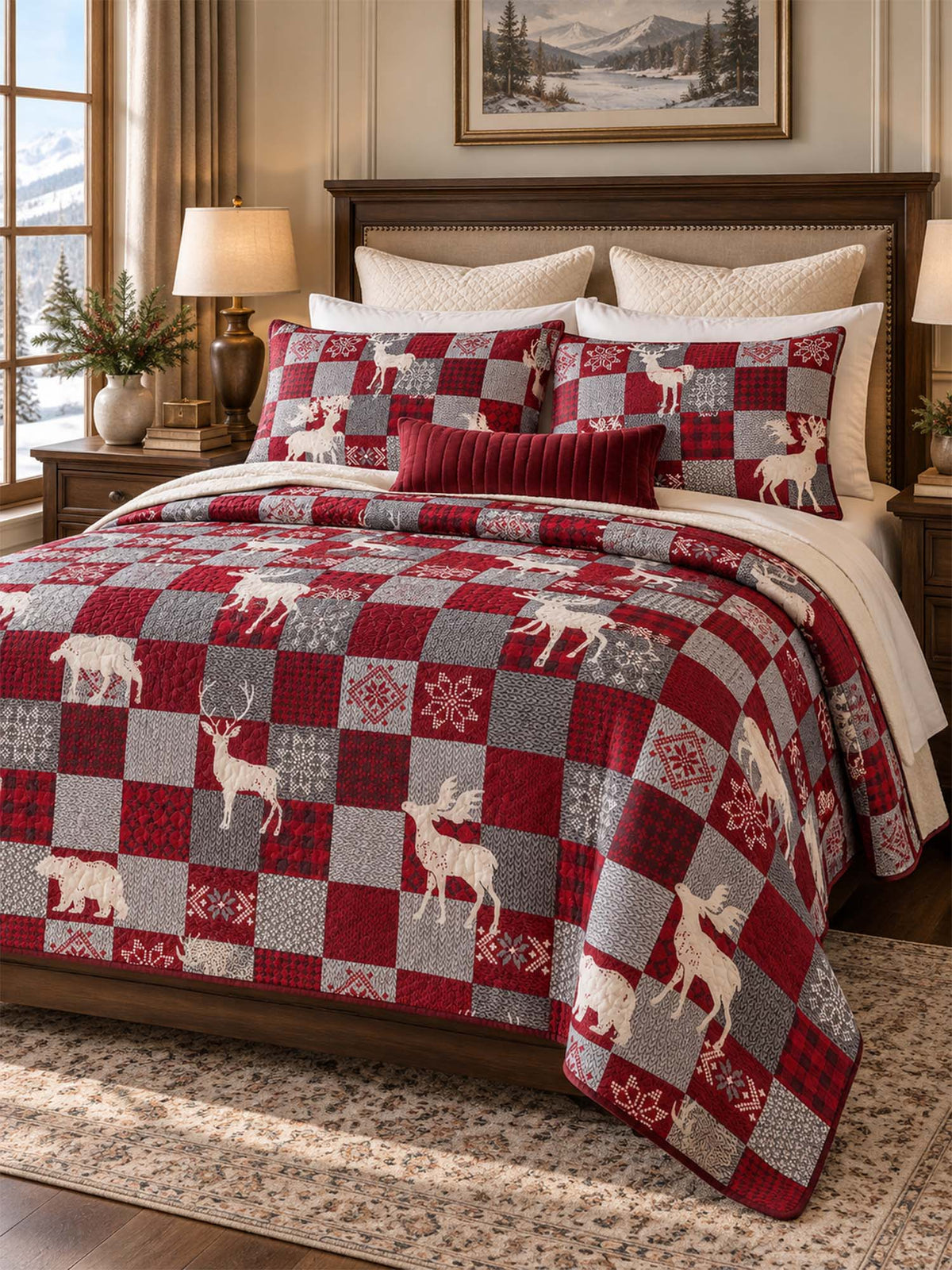 Woodland Deer Christmas Patchwork Quilted 3-Piece Bedding Set