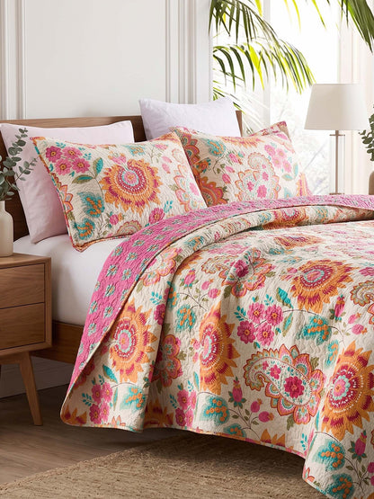 Boho Colorful Paisley Floral Patchwork Quilted 3‑Piece Bedding Set
