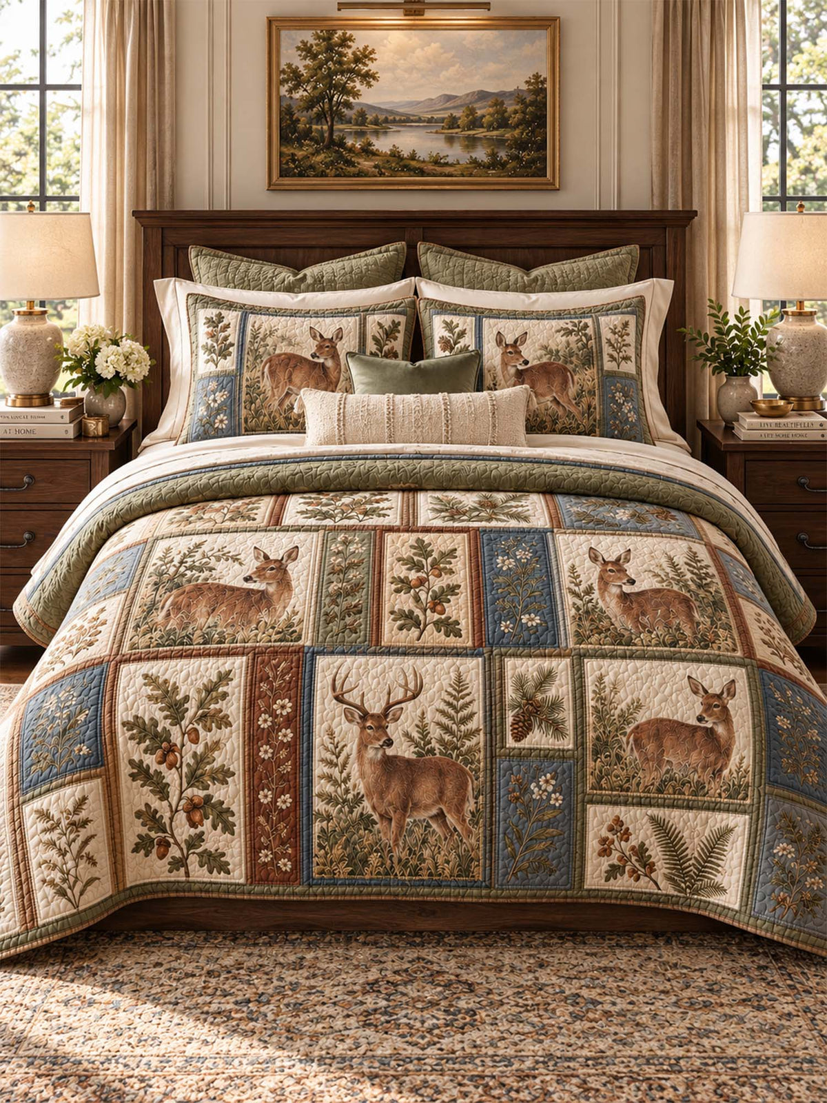 Woodland Deer Botanical Quilted 3-Piece Bedding Set