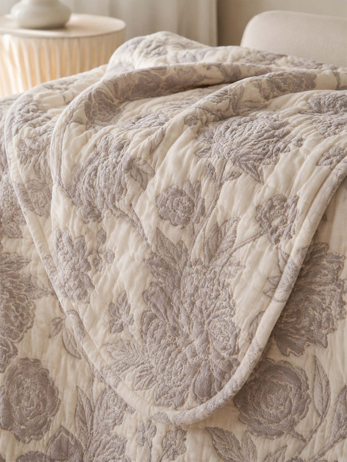 Vintage Grey Peony Floral 100% Cotton Gauze Soft Puff Blanket