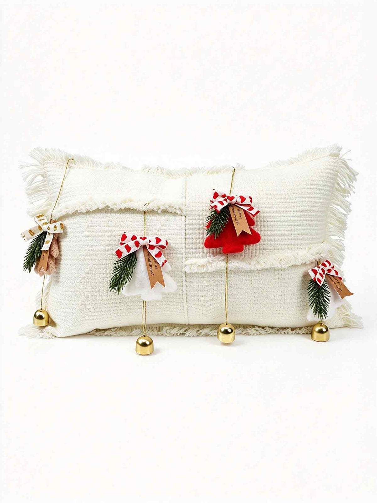 Cream Christmas Tree Bell Fringed Lumbar Pillow Cover