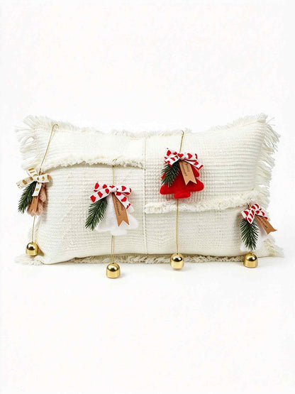 Cream Christmas Tree Bell Fringed Lumbar Pillow Cover