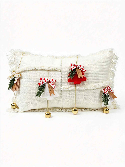 Cream Christmas Tree Bell Fringed Lumbar Pillow Cover