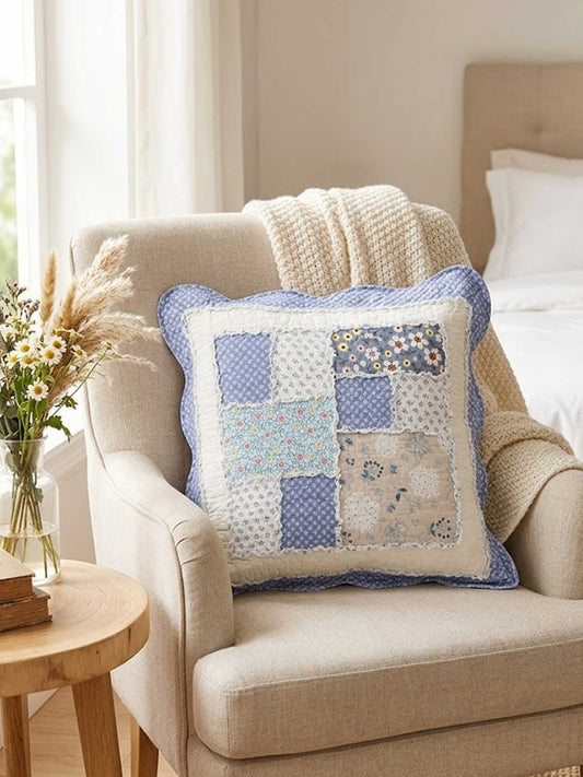 Blue Ditsy Floral Patchwork Quilted Pillow Cover