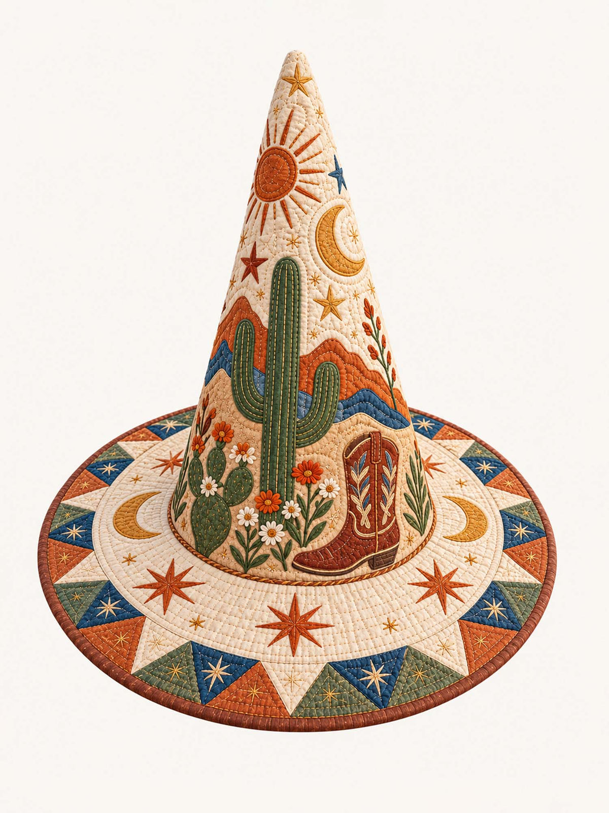 Desert Cactus Western Celestial Handcrafted Quilted Witch Hat