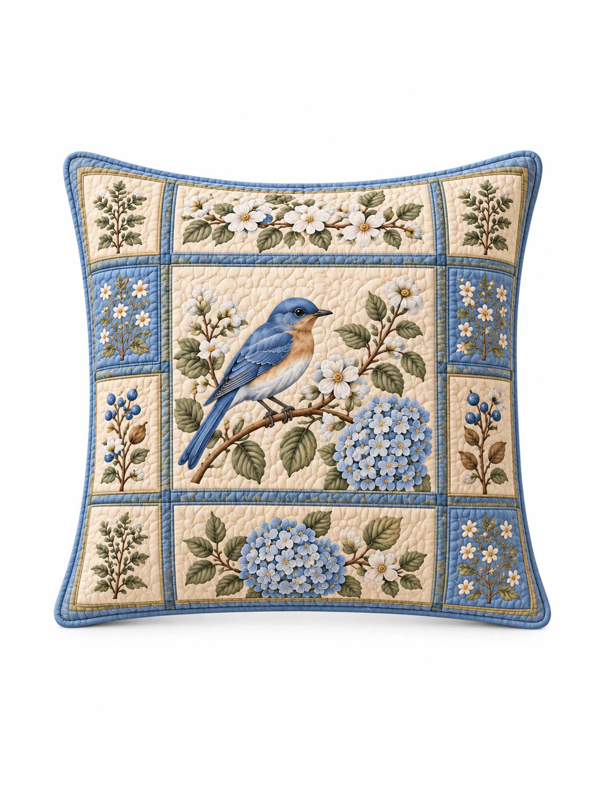 Bluebird Hydrangea Garden Quilted Pillow Cover