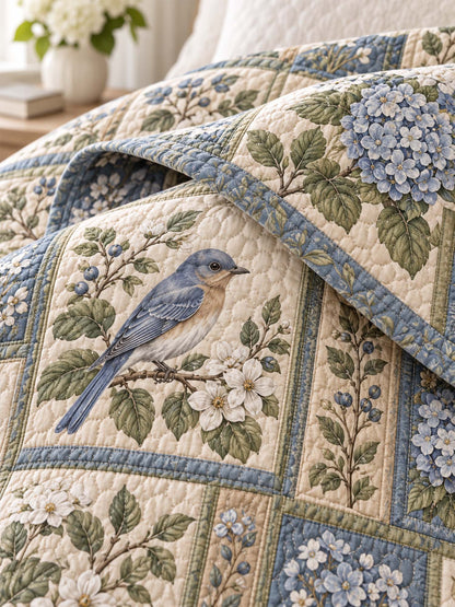 Bluebird Hydrangea Garden Quilted 3-Piece Bedding Set