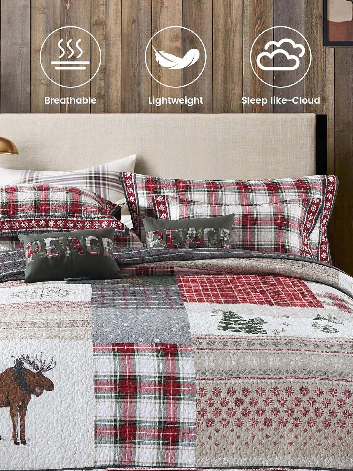 Moose Rustic Cabin 100% Cotton Quilted 3-Piece Bedding Set