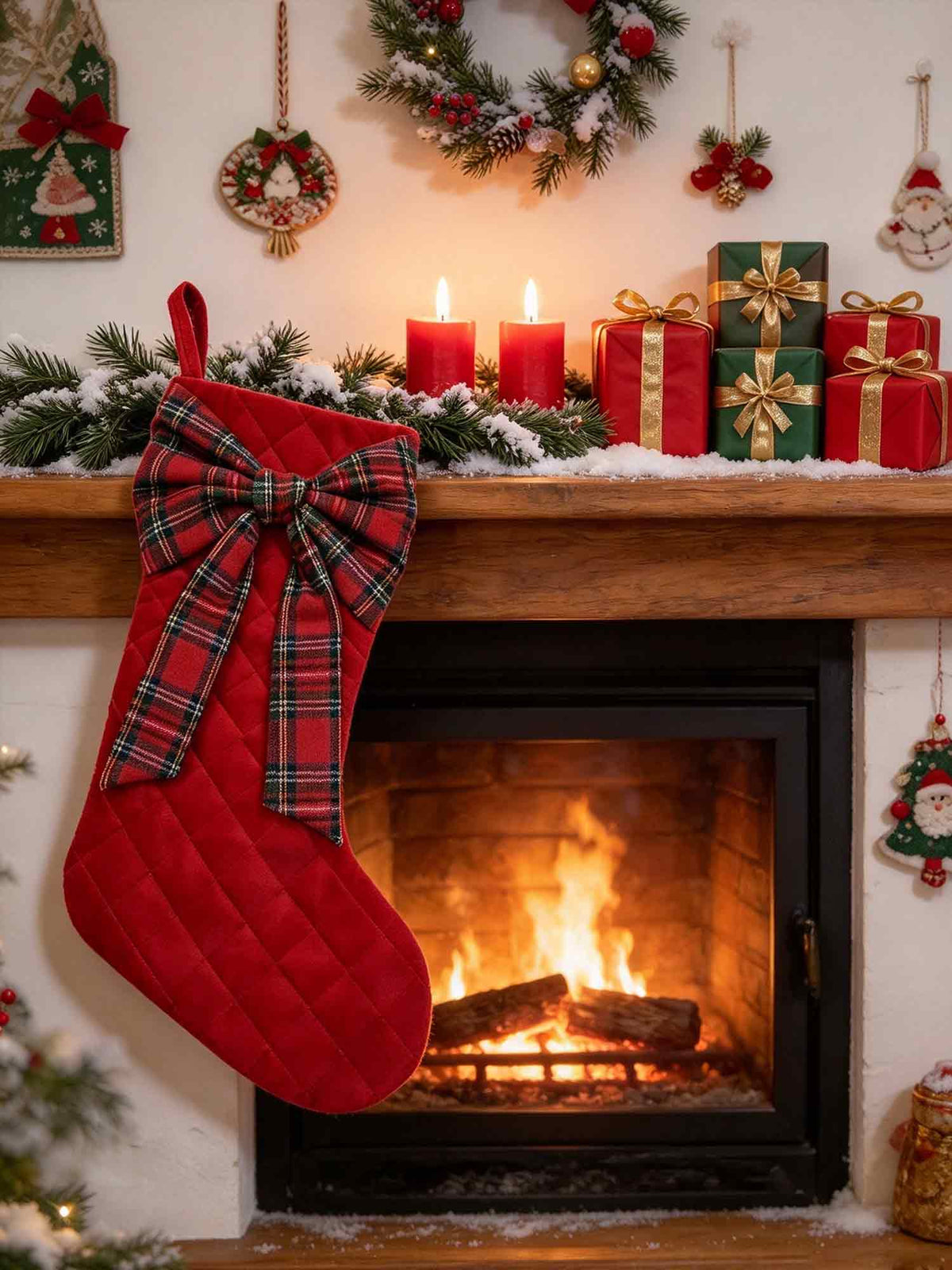 Red Quilted Velvet Christmas Stocking with Plaid Bow