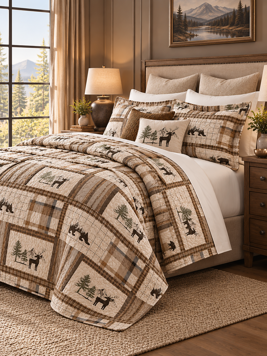Moose and Deer Forest Plaid Quilted 3-Piece Bedding Set