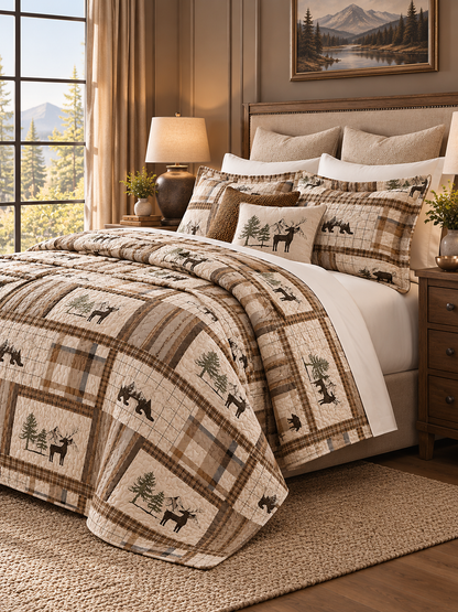 Moose and Deer Forest Plaid Quilted 3-Piece Bedding Set