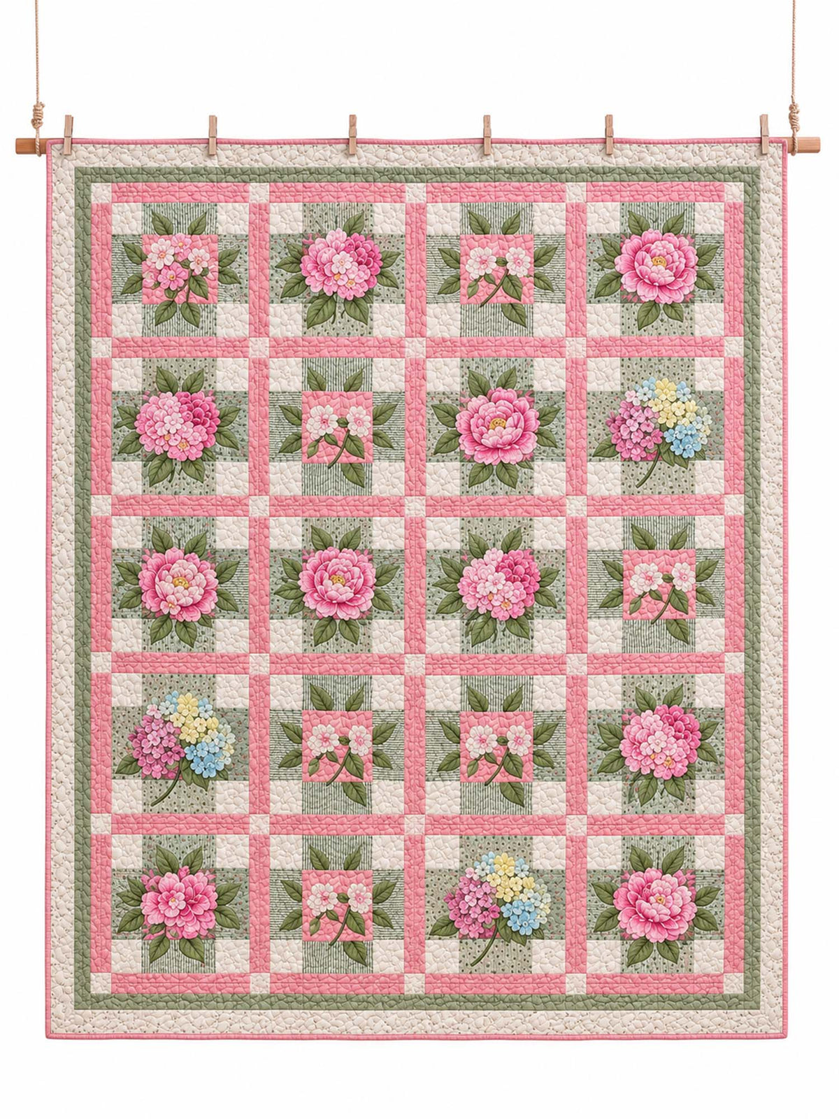 Pink Rose & Hydrangea Garden Quilted 3-Piece Bedding Set
