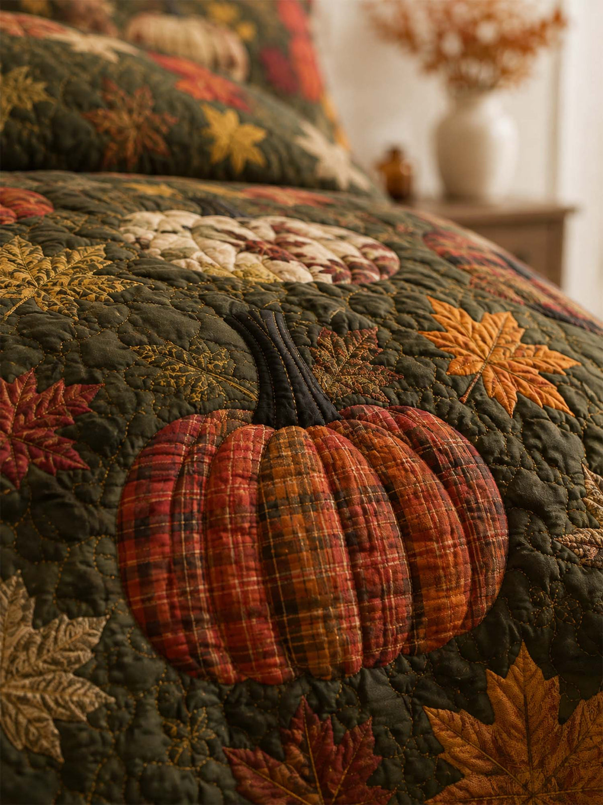 H.PAI Plaid Pumpkin Autumn Harvest Quilted 3-Piece Bedding Set