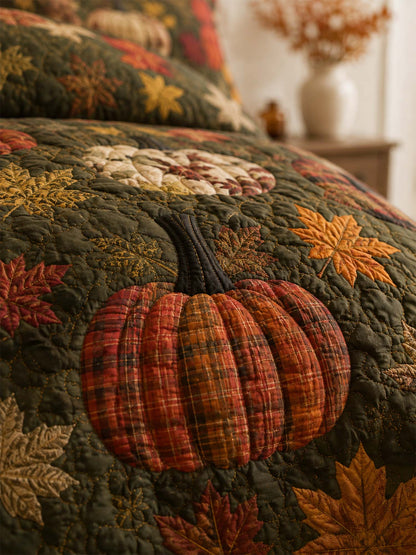 H.PAI Plaid Pumpkin Autumn Harvest Quilted 3-Piece Bedding Set