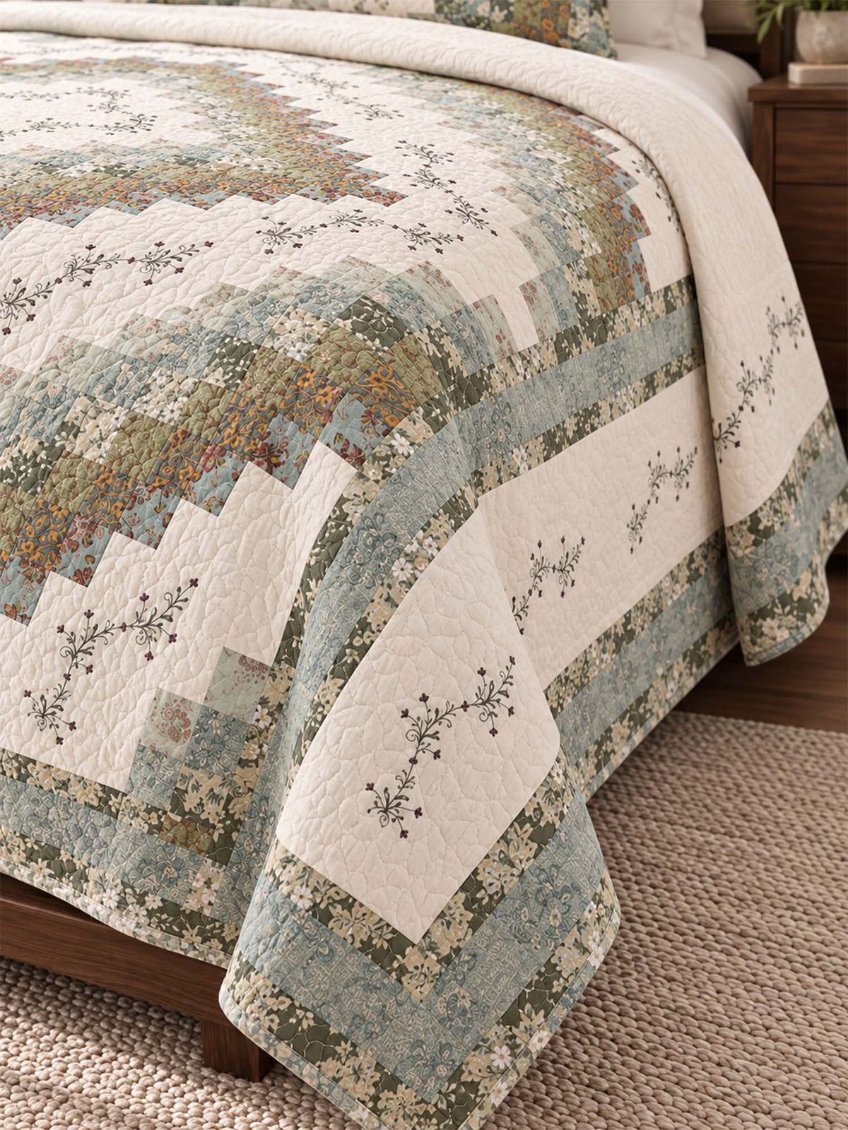 Sage Floral Patchwork Embroidered 100% Cotton Quilted 3-Piece Bedding Set