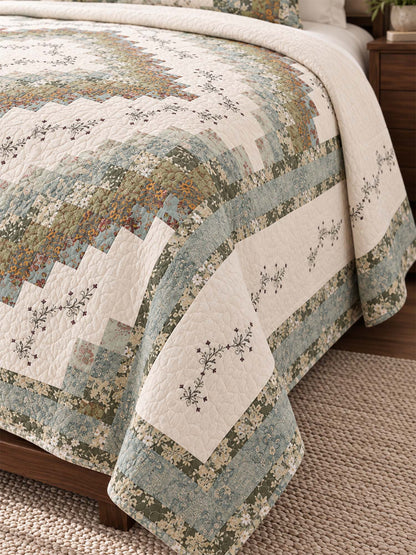 Sage Floral Patchwork Embroidered 100% Cotton Quilted 3-Piece Bedding Set