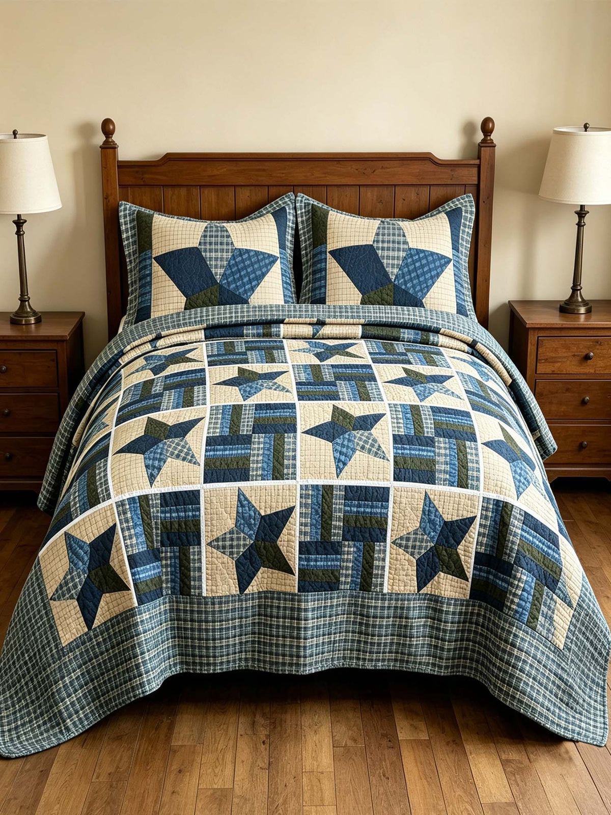 Navy Denim Blue Star Print Quilted 3‑Piece Bedding Set