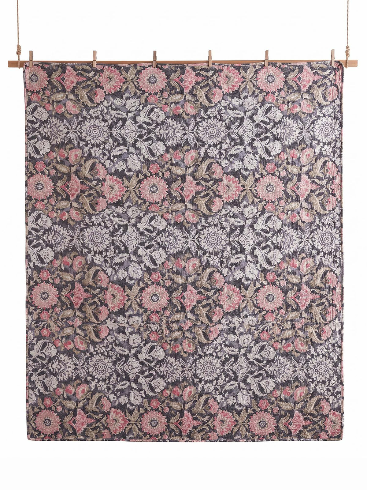 Vintage Charcoal Floral Garden 100% Cotton Quilted 3-Piece Bedding Set