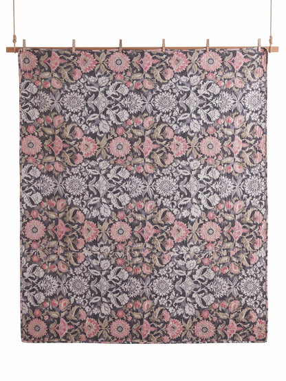Vintage Charcoal Floral Garden 100% Cotton Quilted 3-Piece Bedding Set