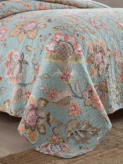 Teal Blue Vintage Garden Harvest Floral Patchwork Quilted 3‑Piece Bedding Set