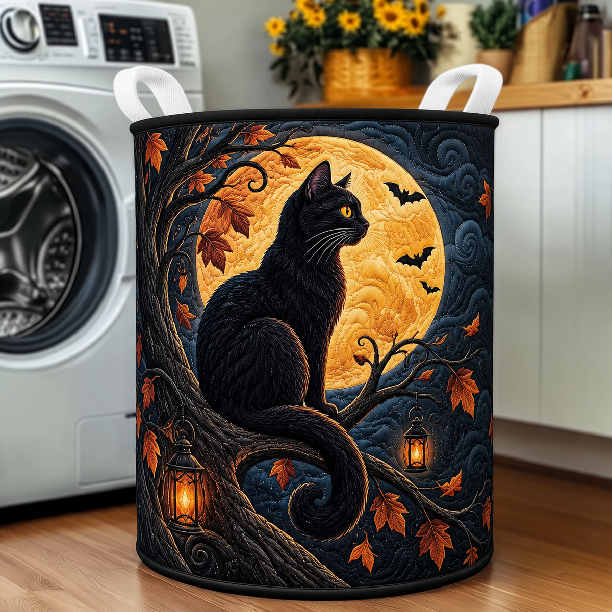 Gekleed wasmand – Zwarte kat onder de volle Halloweenmaan