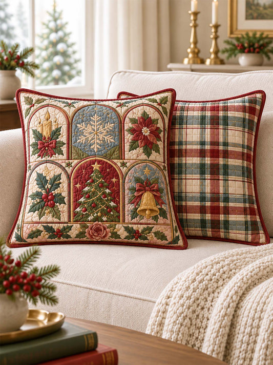Traditional Christmas Motif & Plaid Quilted Pillow Covers 2-Piece Set